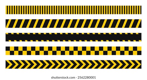 Yellow and black danger warning tape set: includes skull symbols for industrial safety, hazard areas, roads, and construction sites. Vector illustration on a transparent background.	