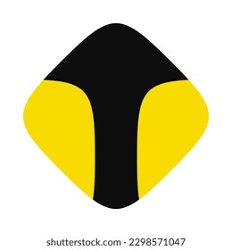 Yellow, black diagonal squircle upward arrow shape icon. A vertical pointing direction symbol with rounded corners. Isolated on a white background.