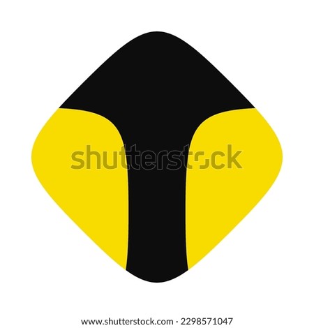 Yellow, black diagonal squircle upward arrow shape icon. A vertical pointing direction symbol with rounded corners. Isolated on a white background.