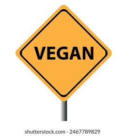 A yellow and black diamond shaped road sing with the words vegan ahead making a great concept.