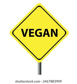 A yellow and black diamond shaped road sing with the words vegan ahead making a great concept.