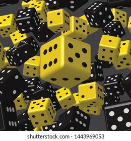 Yellow Black Dice Seamless Pattern, 3D Illustration on Gray Background