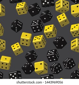Yellow Black Dice Seamless Pattern, 3D Illustration on Gray Background