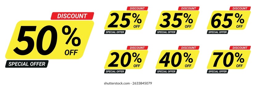 yellow and black discount labels with red headers showing various percentage off offers for sales tags	
