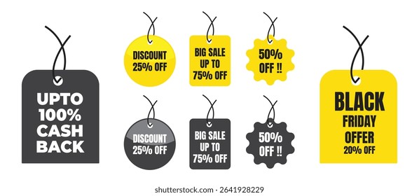 Yellow and Black Discount Tags Vector Set – Up to 100% Cashback, 25%, 50%, 75% Off – Promotional Sale Labels for Black Friday, Shopping Offers, E-commerce, Clearance, Retail Marketing Design