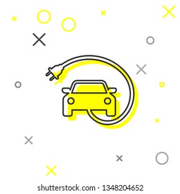 Yellow and black Electric car and electrical cable plug charging line icon isolated on white background. Renewable eco technologies. Vector Illustration