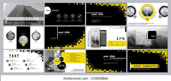 Yellow black, elements for infographics on a white background. The best set of presentation templates. Presentation, flyer and postcard, corporate report, marketing, advertising, annual report, banner