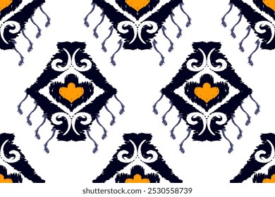 Yellow and black embroidery, motif ethnic ikat seamless textile illustration, print striped ornament, pattern, design for wrapping, silk, scarf, clothing, background, textile, carpets, curtains.