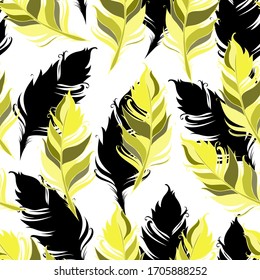 Yellow and black feathers on White background. Seamless pattern. Vector illustration. 