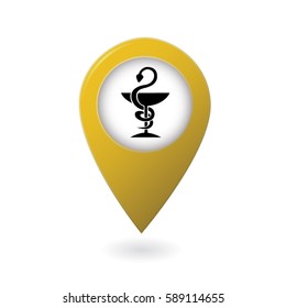 Yellow and black flat map pointer. Pharmacy pin.