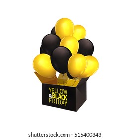Yellow Black Friday Realistic balloons with 3d realistic box isolated on white background . Vector Illustration .