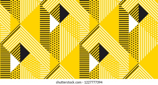 Yellow and black geometric modern seamless pattern. Repeatable motif with striped and polka dot textures. Vector illustration.