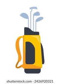 Yellow and black golf bag full of clubs, golfer sport equipment. Vector Illustration
