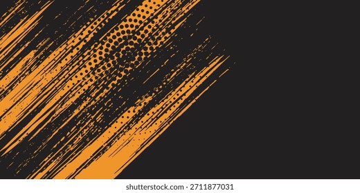 Gelber und schwarzer Farbverlauf-Grunge-Texturhintergrund mit Rasterpunkten. Moderne gepunktete Pop Art Sport Stil Vektorgrafik.