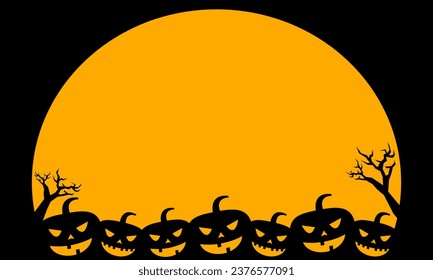 Yellow Black Halloween illustration vector graphic background with pumpkins head, creepy tree branches and trunks, a large full moon, and a copy space area.