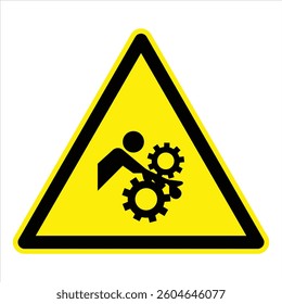 Yellow and black hazard warning sign showing rotating gears and a human figure, representing danger of moving machine parts.