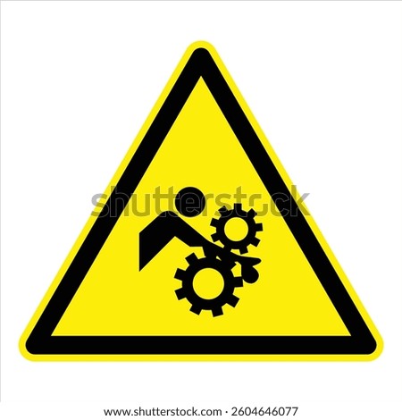 Yellow and black hazard warning sign showing rotating gears and a human figure, representing danger of moving machine parts.
