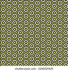 Yellow and black hex honeycomb pattern on white background. Colorful seamless interlocking hexagon pattern on white backdrop.