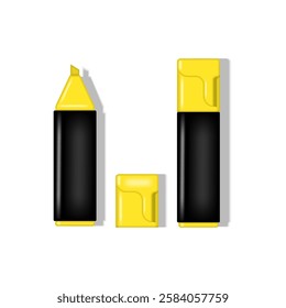 Yellow and black highlighters realistic 3d vector illustration isolated on white background, including uncapped and capped markers with a detached cap, office supplies and creative tool.