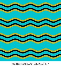 yellow black horizontal waves on a turquoise background. Fabric design with waves