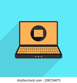 yellow and black laptop with mail icon and long shadow. isolated on blue background. flat style trendy modern design vector illustration