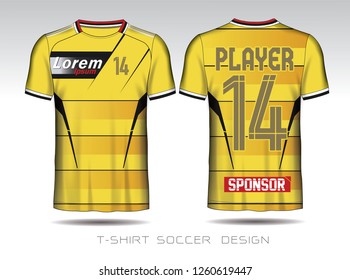 Yellow and black layout football sport t-shirt design. Template front, back view. Soccer kit national team shirt mock up. Vector Illustration.