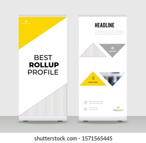 Yellow black lined Abstract Shapes Modern Exhibition Advertising Trend Business Roll Up Banner Stand Poster Brochure flat design template creative concept. Yellow white Roll Up EPS. Presentation Cover