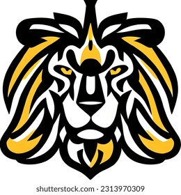 yellow black lion logo, spooky long hair, authoritative brave lion,