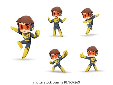 yellow black little Super Hero Boy Mascot Character Set	