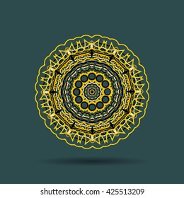 Yellow black mandala on dark background. Vector abstract design element. Round mandala. Graphic template for your design. Decorative retro ornament