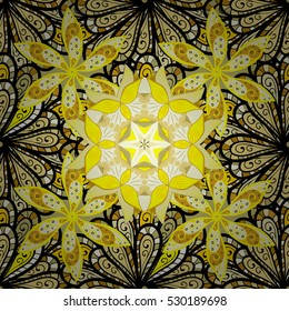 Yellow and black mandalas and flowers. Vector.