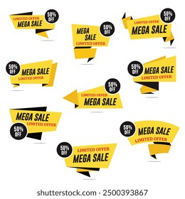 Yellow and black "Mega Sale" banners with 30% discount and limited offer.