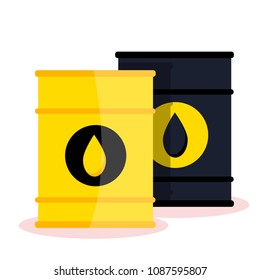Yellow and black metal two barrels of oil with oil gas icon with label. Modern flat style vector illustrations icons. Isolated on white background. Fuel energy. Oil Industry. Oil barrel. 