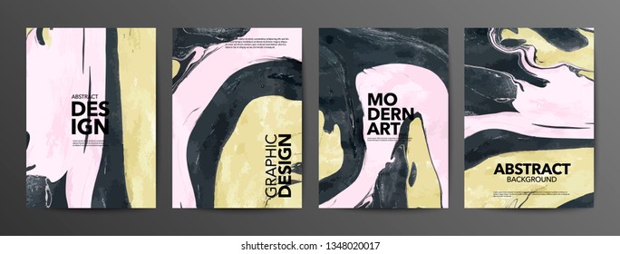 Yellow and black mixed paints textures set. Marble art abstract backdrop with copyspace. Fluid paint mixing drawing with text space. Modern art flyer, book, magazine cover vector mockup