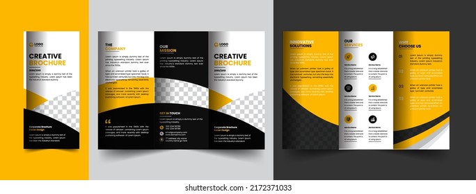 yellow and black modern corporate trifold company brochure template design with creative shapes