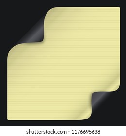 Yellow, black note notebook paper with curled corners for text or advertising message is on black background. Vector illustration