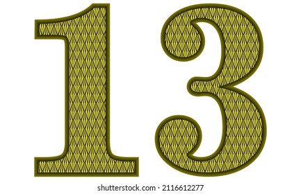 Yellow And Black Number Thirteen Vector Illustration. Number 13 With Abstract Geometric Pattern Isolated On A White Background
