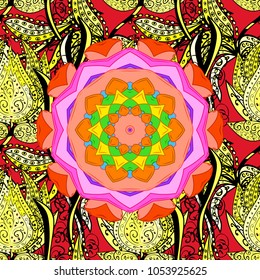 Yellow, black and orange colors. Vector ethnic mandalas, doodle background circles.