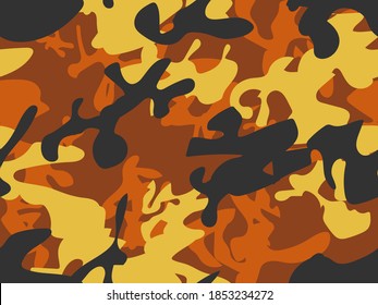 Yellow Black Paint. Military Army Canvas. Abstract Vector Background. Yellow Hunter Pattern. Dirty Camo Print. Orange Fabric Texture. Brown Camouflage Seamless Print. Vector Orange Abstract Camoflage