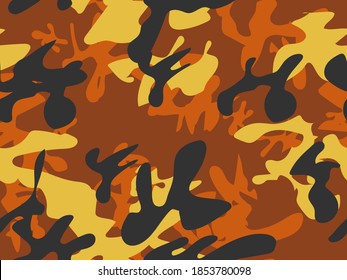 Yellow Black Paint. Yellow Modern Pattern. Brown Camo Paint. Orange Fabric Texture. Dirty Camouflage Seamless Print. Abstract Army Canvas. Military Vector Camouflage. Brown Orange Military Background