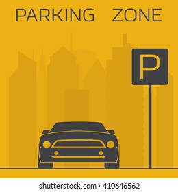 Yellow and black parking zone simple illustration. Sport car on skyscrapers background near parking sign.