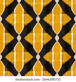 Yellow and black pattern with white lines, diamond shapes, and stripes.  grunge lines ikat pattern, ikat seamless pattern, Vector illustration background for print the paper.