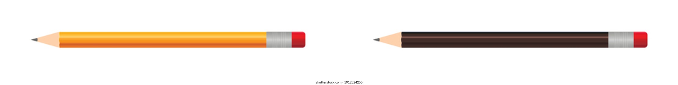 Yellow and black pencil with rubber eraser. Mockup of realistic wood pencil. Graphic icon for school isolated on white background. Wooden tool with sharp graphite for write and education. Vector.