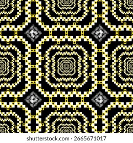 Padrão Étnico Pixel Amarelo e Preto. Um design geométrico perfeito com quadrados ópticos e motivos tribais. Ideal para têxteis arrojados, fundos e vestuário moderno.