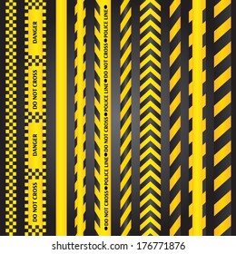 Yellow with black police line and danger tapes on black background. Vector illustration.