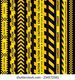 Yellow with black police line and danger tapes on dark background. Vector illustration.