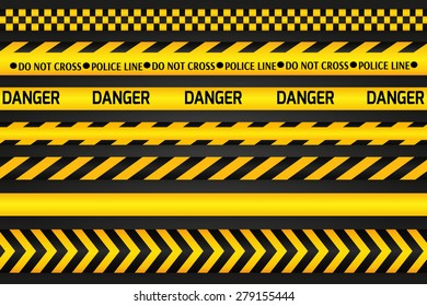Yellow with black police line and danger tapes on black background. Vector illustration.