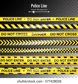 Yellow With Black Police Line. Do Not Enter, Danger. Security Quarantine Tapes. Isolated On Transparent Background. Vector Illustration