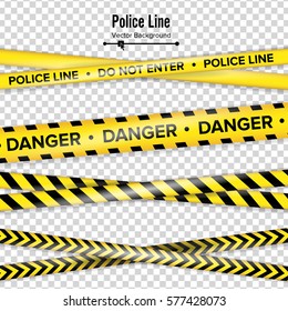 Yellow With Black Police Line. Do Not Enter, Danger. Security Quarantine Tapes. Isolated On Transparent Background. Vector Illustration