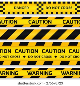 Yellow with black police line, security warning, danger tapes set with text Caution, Do not cross, Warning, Danger. For web, criminal and law design. Vector illustration.